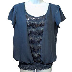 Studio Y Blouse Scoop Neck Sequins Banded Navy Blue Short Sleeve Size Large